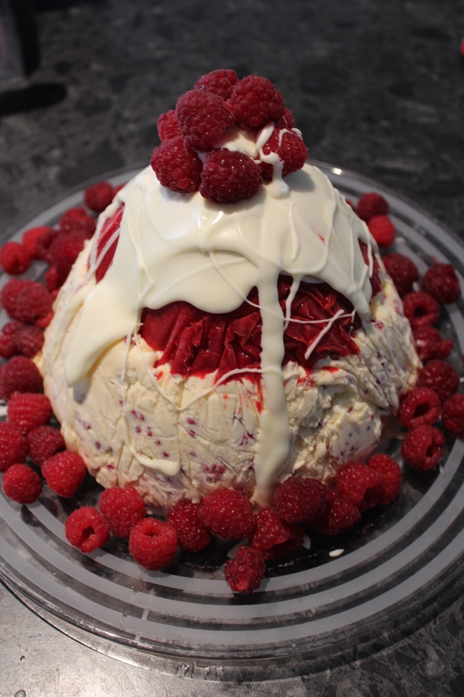 Raspberry, nougat and white chocolate ice-cream pudding - recipe from Women's Weekly December 2014
